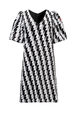Women Scamp & Dude Black with White Lightning Bolt Sequin V-Neck Short Dress