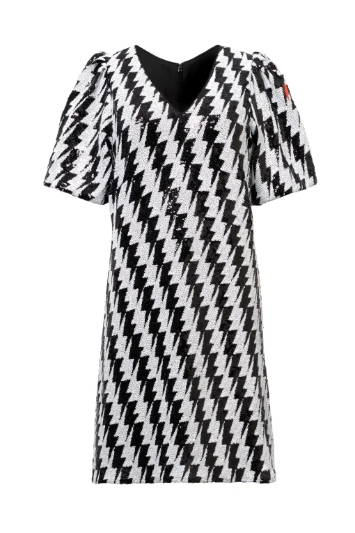 Women Scamp & Dude Black with White Lightning Bolt Sequin V-Neck Short Dress