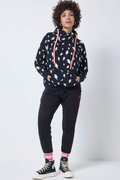 Women Scamp & Dude Black with White Lightning Bolt Cowl Neck Hoodie