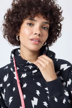 Women Scamp & Dude Black with White Lightning Bolt Cowl Neck Hoodie