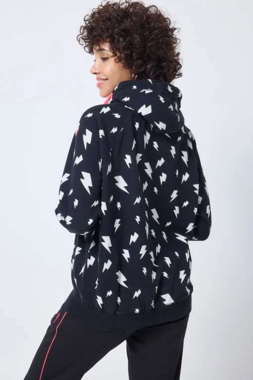 Women Scamp & Dude Black with White Lightning Bolt Cowl Neck Hoodie