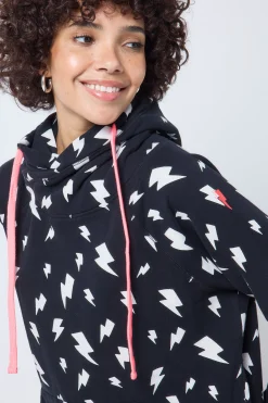 Women Scamp & Dude Black with White Lightning Bolt Cowl Neck Hoodie