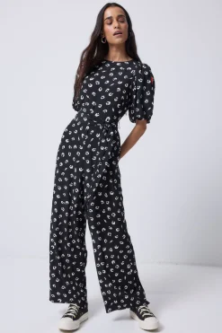 Women Scamp & Dude Black with White Love Leopard Puff Sleeve Wide Leg Jumpsuit