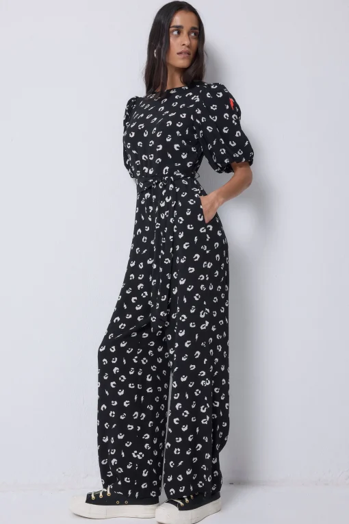 Women Scamp & Dude Black with White Love Leopard Puff Sleeve Wide Leg Jumpsuit