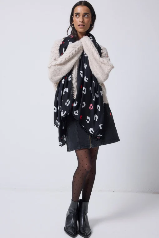 Women Scamp & Dude Black with White Love Leopard Charity Super Scarf