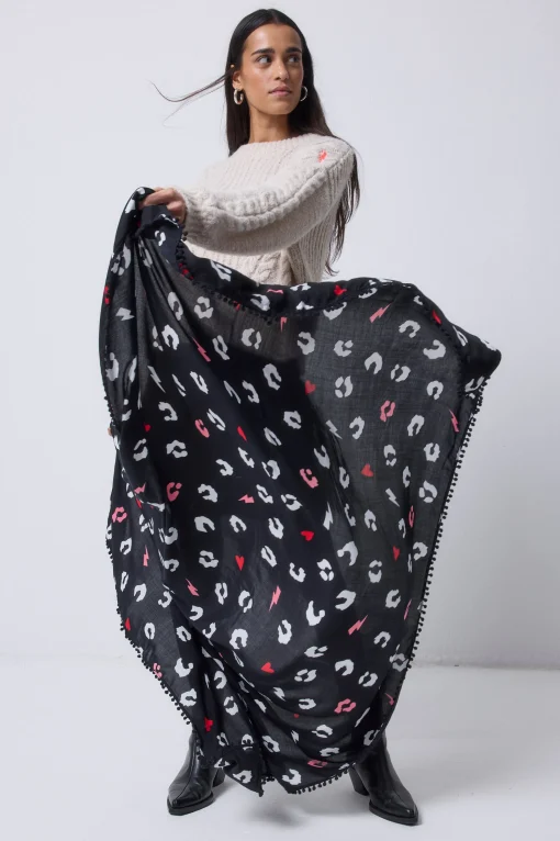 Women Scamp & Dude Black with White Love Leopard Charity Super Scarf