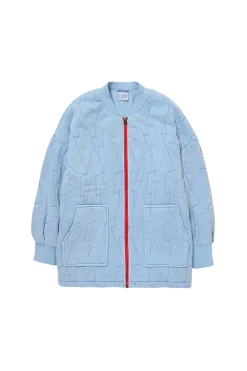 Women Scamp & Dude Blue Organic Cotton Quilted Lightning Bolt Oversized Bomber Jacket