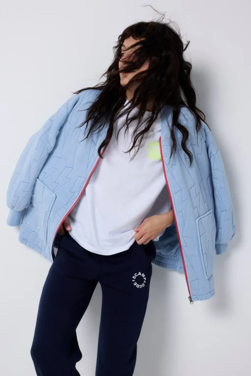 Women Scamp & Dude Blue Organic Cotton Quilted Lightning Bolt Oversized Bomber Jacket