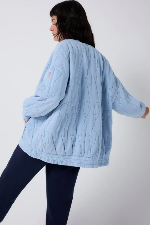 Women Scamp & Dude Blue Organic Cotton Quilted Lightning Bolt Oversized Bomber Jacket