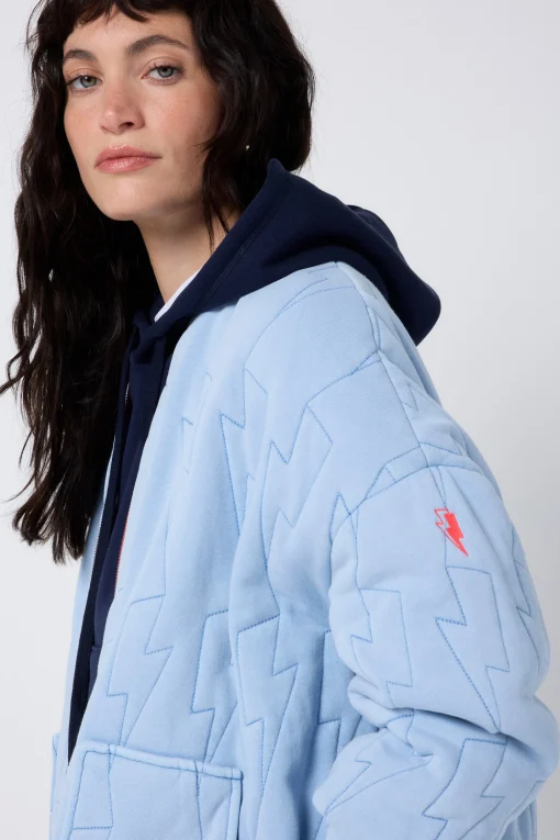 Women Scamp & Dude Blue Organic Cotton Quilted Lightning Bolt Oversized Bomber Jacket