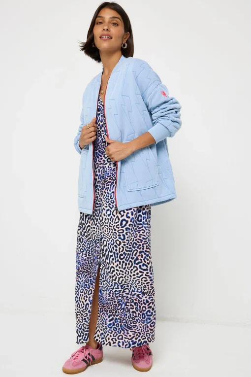 Women Scamp & Dude Blue Organic Cotton Quilted Lightning Bolt Oversized Bomber Jacket