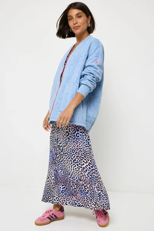 Women Scamp & Dude Blue Organic Cotton Quilted Lightning Bolt Oversized Bomber Jacket