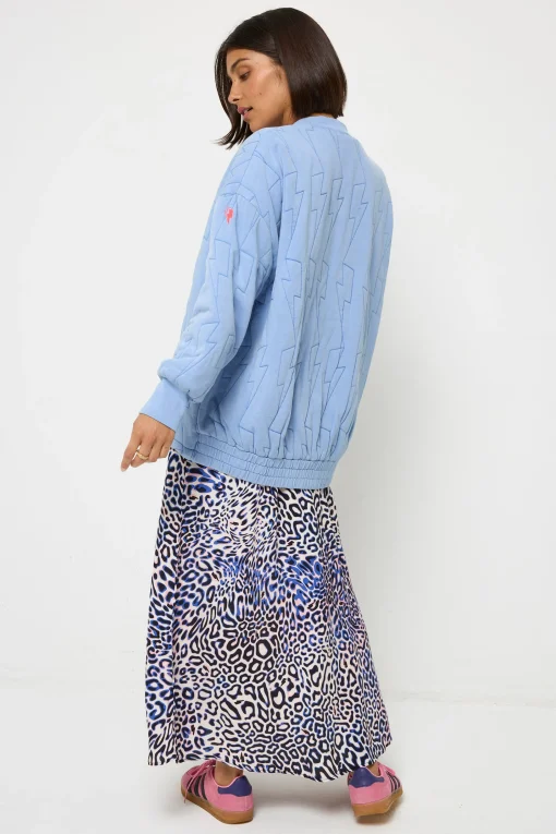 Women Scamp & Dude Blue Organic Cotton Quilted Lightning Bolt Oversized Bomber Jacket