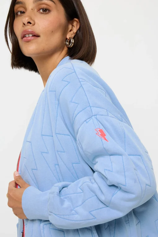 Women Scamp & Dude Blue Organic Cotton Quilted Lightning Bolt Oversized Bomber Jacket