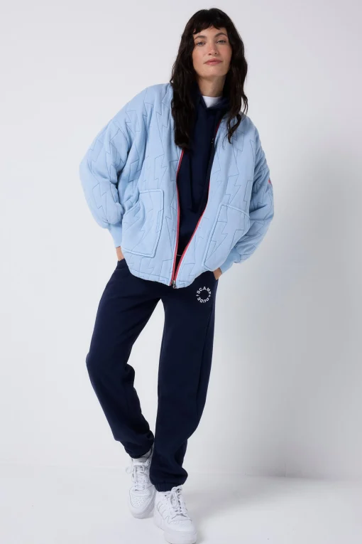 Women Scamp & Dude Blue Organic Cotton Quilted Lightning Bolt Oversized Bomber Jacket