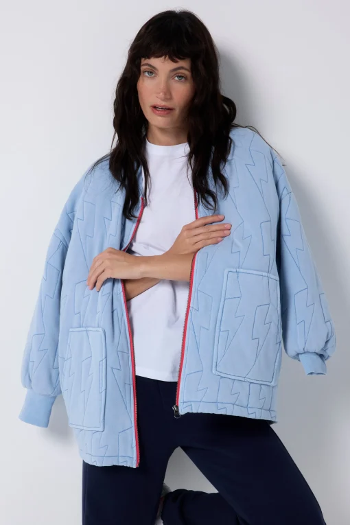 Women Scamp & Dude Blue Organic Cotton Quilted Lightning Bolt Oversized Bomber Jacket
