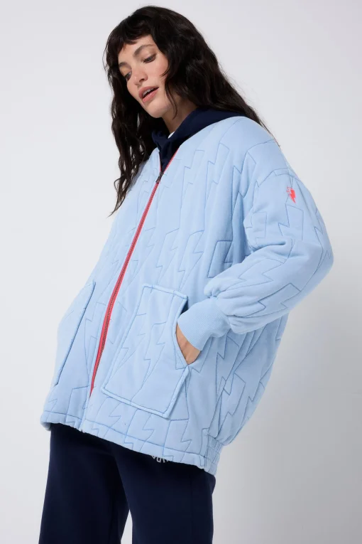 Women Scamp & Dude Blue Organic Cotton Quilted Lightning Bolt Oversized Bomber Jacket