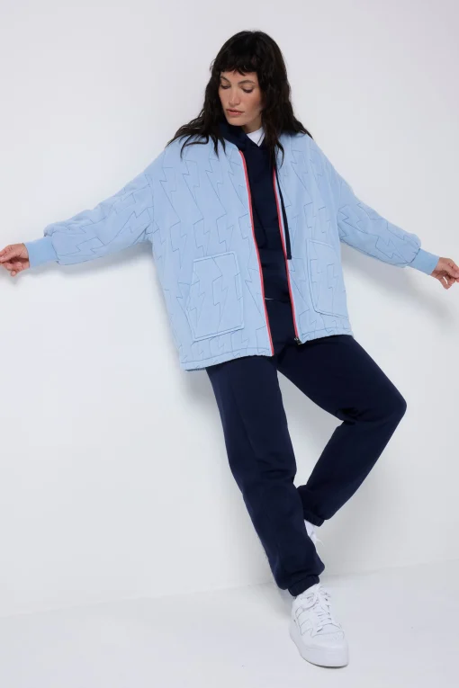 Women Scamp & Dude Blue Organic Cotton Quilted Lightning Bolt Oversized Bomber Jacket