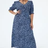 Women Scamp & Dude Blue with Black Floral Leopard Flute Sleeve Midi Tea Dress