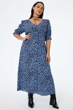 Women Scamp & Dude Blue with Black Floral Leopard Flute Sleeve Midi Tea Dress