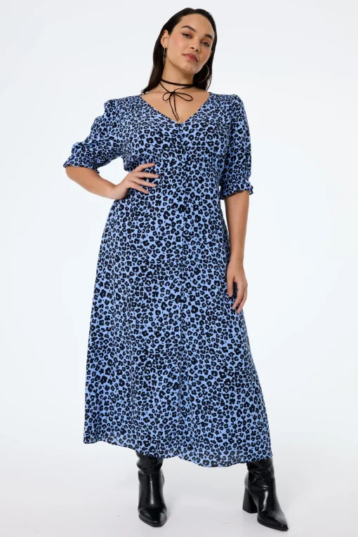 Women Scamp & Dude Blue with Black Floral Leopard Flute Sleeve Midi Tea Dress