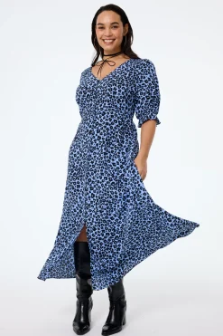 Women Scamp & Dude Blue with Black Floral Leopard Flute Sleeve Midi Tea Dress