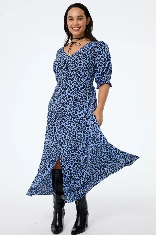 Women Scamp & Dude Blue with Black Floral Leopard Flute Sleeve Midi Tea Dress