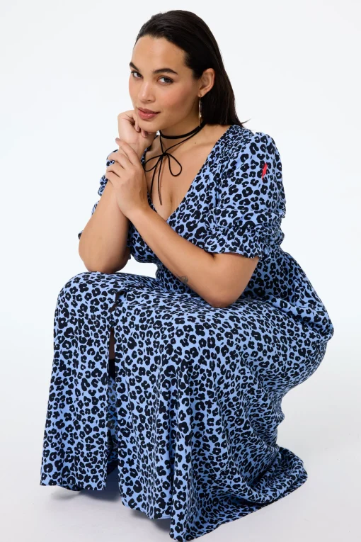 Women Scamp & Dude Blue with Black Floral Leopard Flute Sleeve Midi Tea Dress