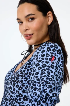 Women Scamp & Dude Blue with Black Floral Leopard Flute Sleeve Midi Tea Dress