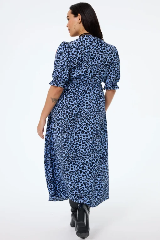 Women Scamp & Dude Blue with Black Floral Leopard Flute Sleeve Midi Tea Dress
