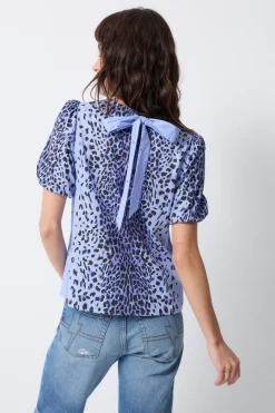 Women Scamp & Dude Blue with Black Wild Leopard Short Blouson Sleeve Top