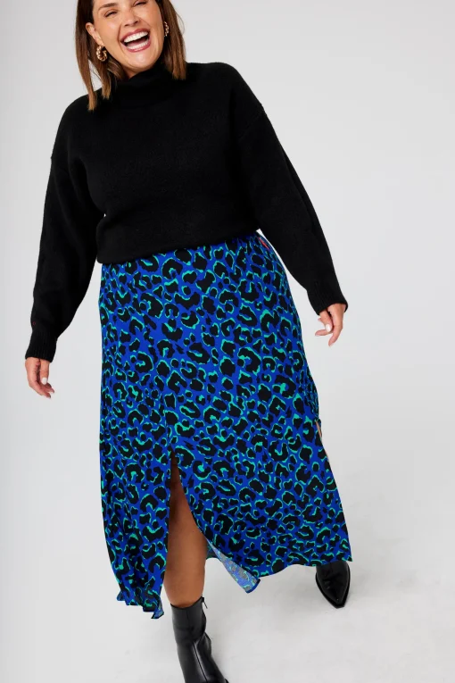Women Scamp & Dude Blue with Green and Black Shadow Leopard Split Front Skirt