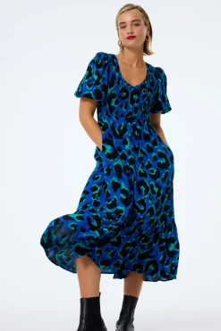Women Scamp & Dude Blue with Green and Black Mega Leopard Shirred Puff Sleeve Midi Dress