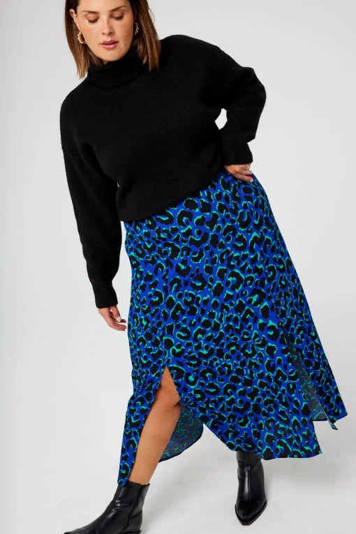 Women Scamp & Dude Blue with Green and Black Shadow Leopard Split Front Skirt