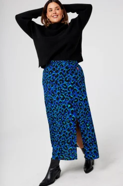 Women Scamp & Dude Blue with Green and Black Shadow Leopard Split Front Skirt