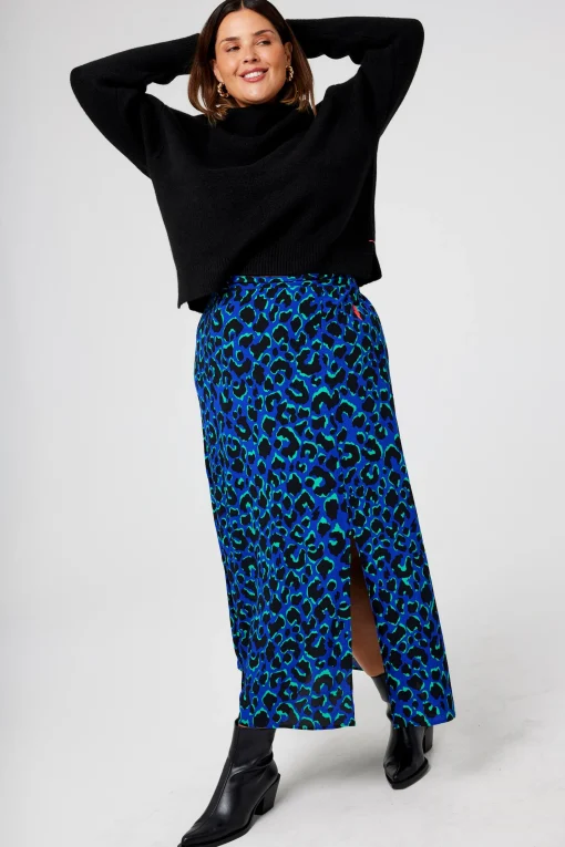Women Scamp & Dude Blue with Green and Black Shadow Leopard Split Front Skirt