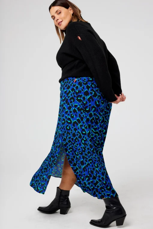 Women Scamp & Dude Blue with Green and Black Shadow Leopard Split Front Skirt