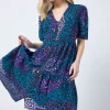 Women Scamp & Dude Blue with Green Spliced Leopard Zip Detail Tiered Short Dress