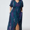 Women Scamp & Dude Blue with Green Spliced Leopard Puff Sleeve Midi Tea Dress