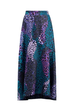 Women Scamp & Dude Blue with Green Spliced Leopard Satin High Low Hem Skirt