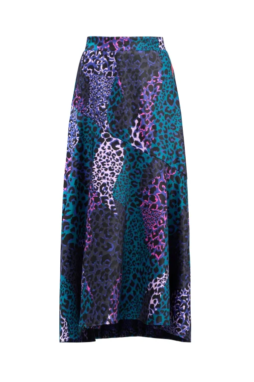 Women Scamp & Dude Blue with Green Spliced Leopard Satin High Low Hem Skirt