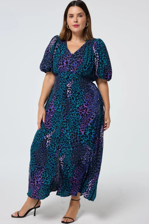 Women Scamp & Dude Blue with Green Spliced Leopard Puff Sleeve Midi Tea Dress