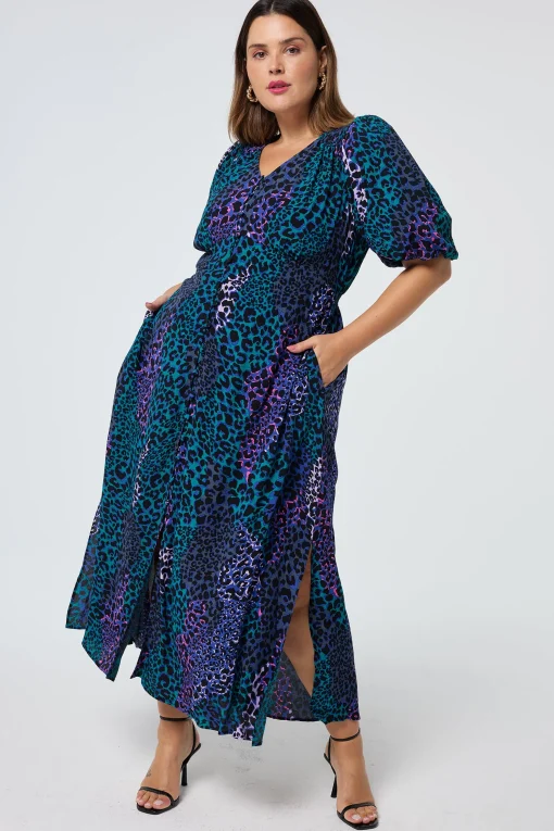 Women Scamp & Dude Blue with Green Spliced Leopard Puff Sleeve Midi Tea Dress