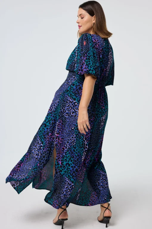 Women Scamp & Dude Blue with Green Spliced Leopard Puff Sleeve Midi Tea Dress