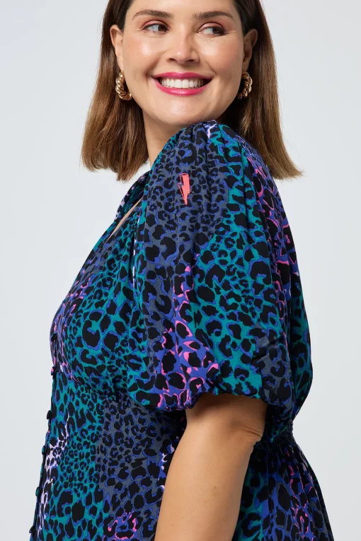 Women Scamp & Dude Blue with Green Spliced Leopard Puff Sleeve Midi Tea Dress