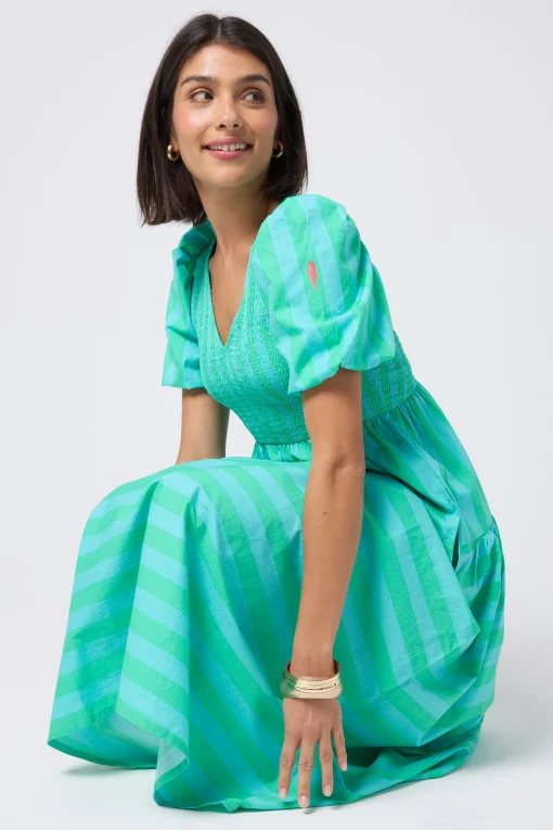 Women Scamp & Dude Blue with Green Stripe Puff Sleeve Maxi Dress