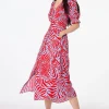 Women Scamp & Dude Blue with Red Palm Flute Sleeve Midi Tea Dress