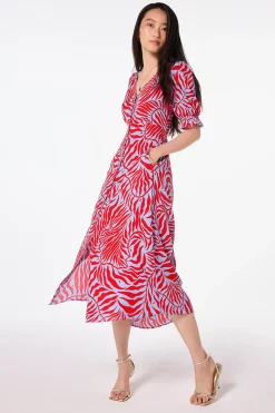 Women Scamp & Dude Blue with Red Palm Flute Sleeve Midi Tea Dress