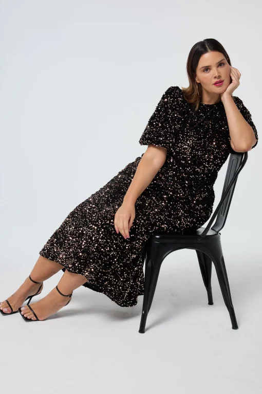 Women Scamp & Dude Bronze Sequin Tie Back Puff Sleeve Velvet Midi Dress