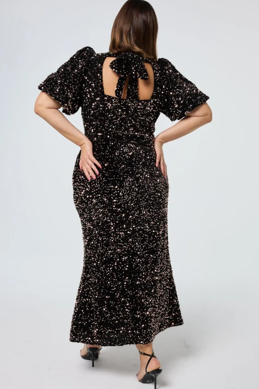 Women Scamp & Dude Bronze Sequin Tie Back Puff Sleeve Velvet Midi Dress